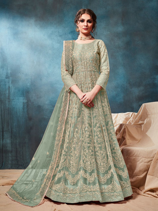 Sea Green Net Partywear Anarkali Suit - Inddus.com