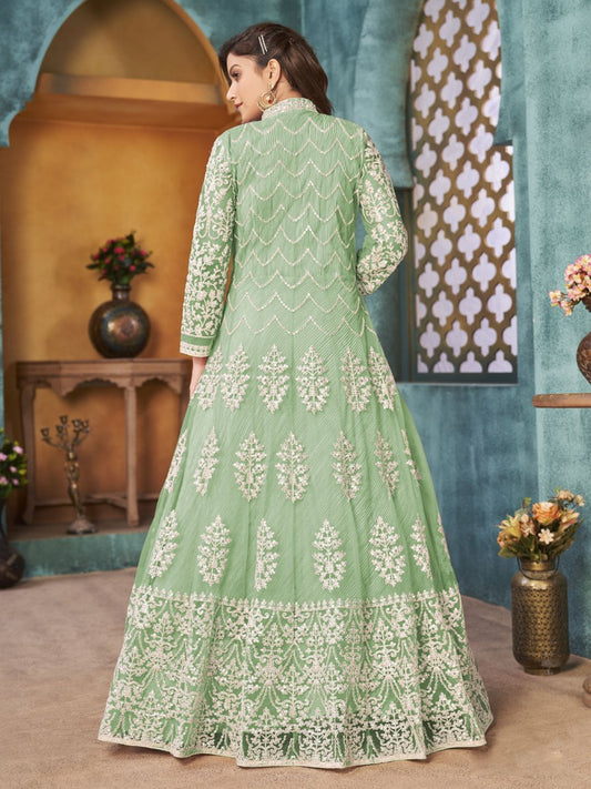 Sea green Net Partywear Anarkali Suit - Inddus.com