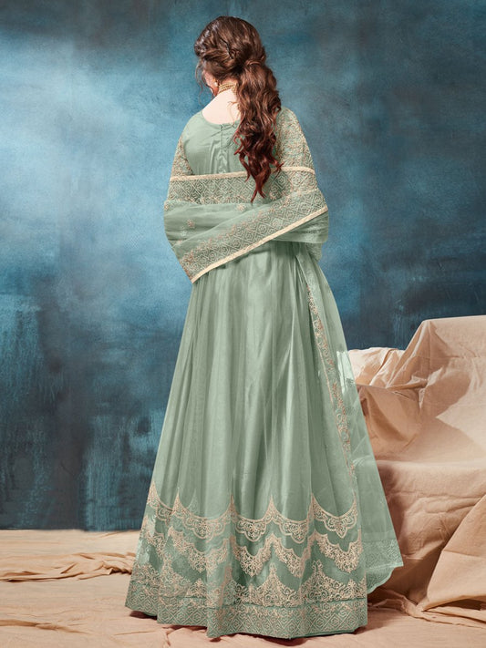 Sea Green Net Partywear Anarkali Suit - Inddus.com