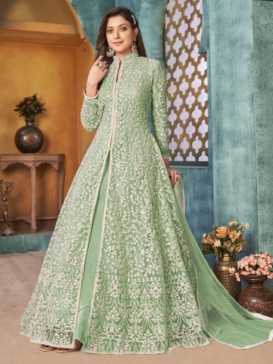 Sea green Net Partywear Anarkali Suit - Inddus.com