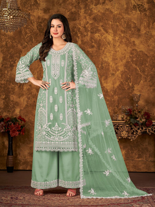 Sea Green Net Partywear Palazzo Suit - Inddus.com