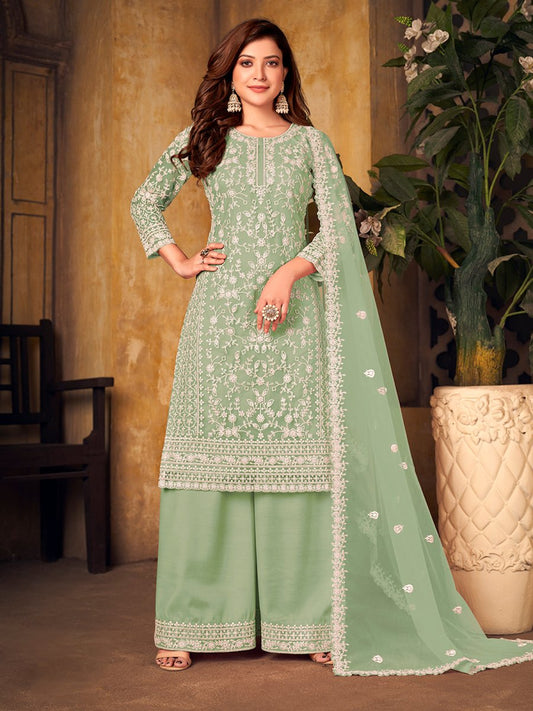 Sea Green Net Partywear Palazzo Suit - Inddus.com