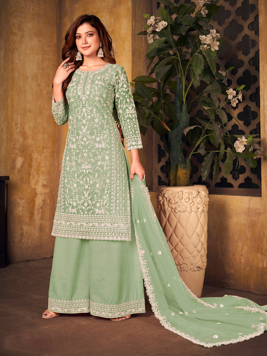 Sea Green Net Partywear Palazzo Suit - Inddus.com