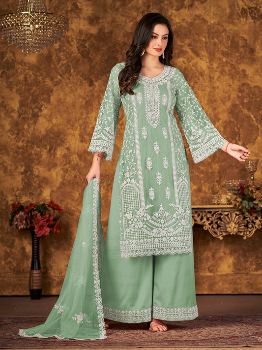 Sea Green Net Partywear Palazzo Suit - Inddus.com