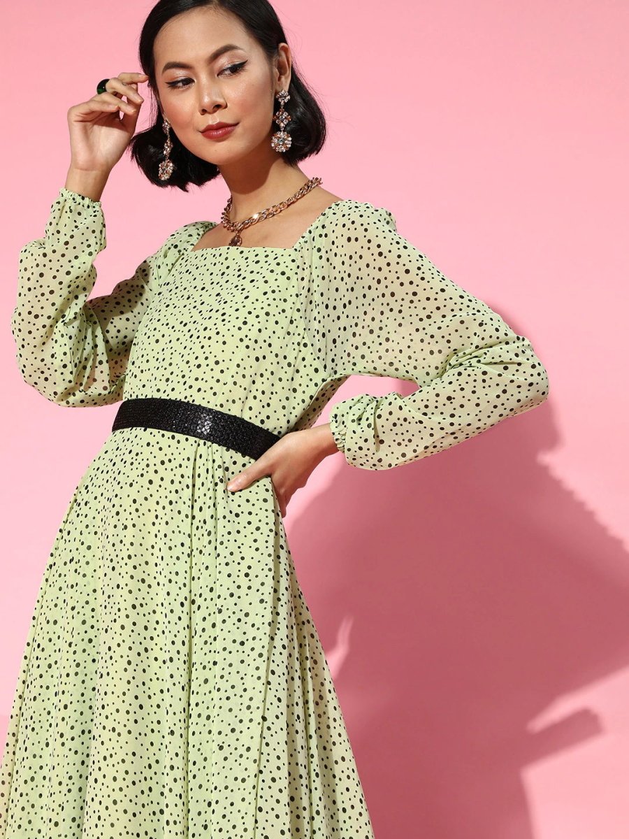 Sea Green Polka Printed Gown with Belt - Inddus.com