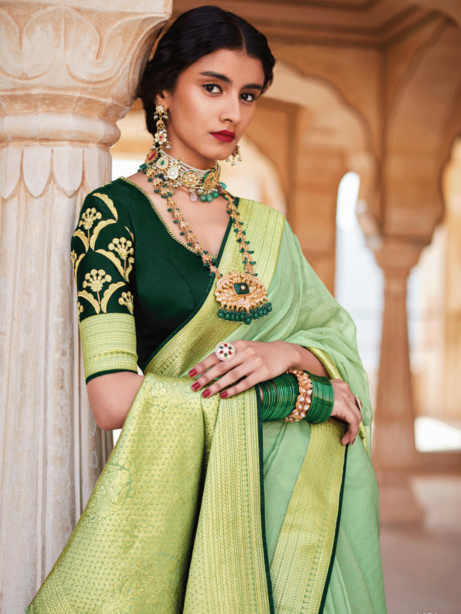 Sea Green Silk Embellished Saree - Inddus.com