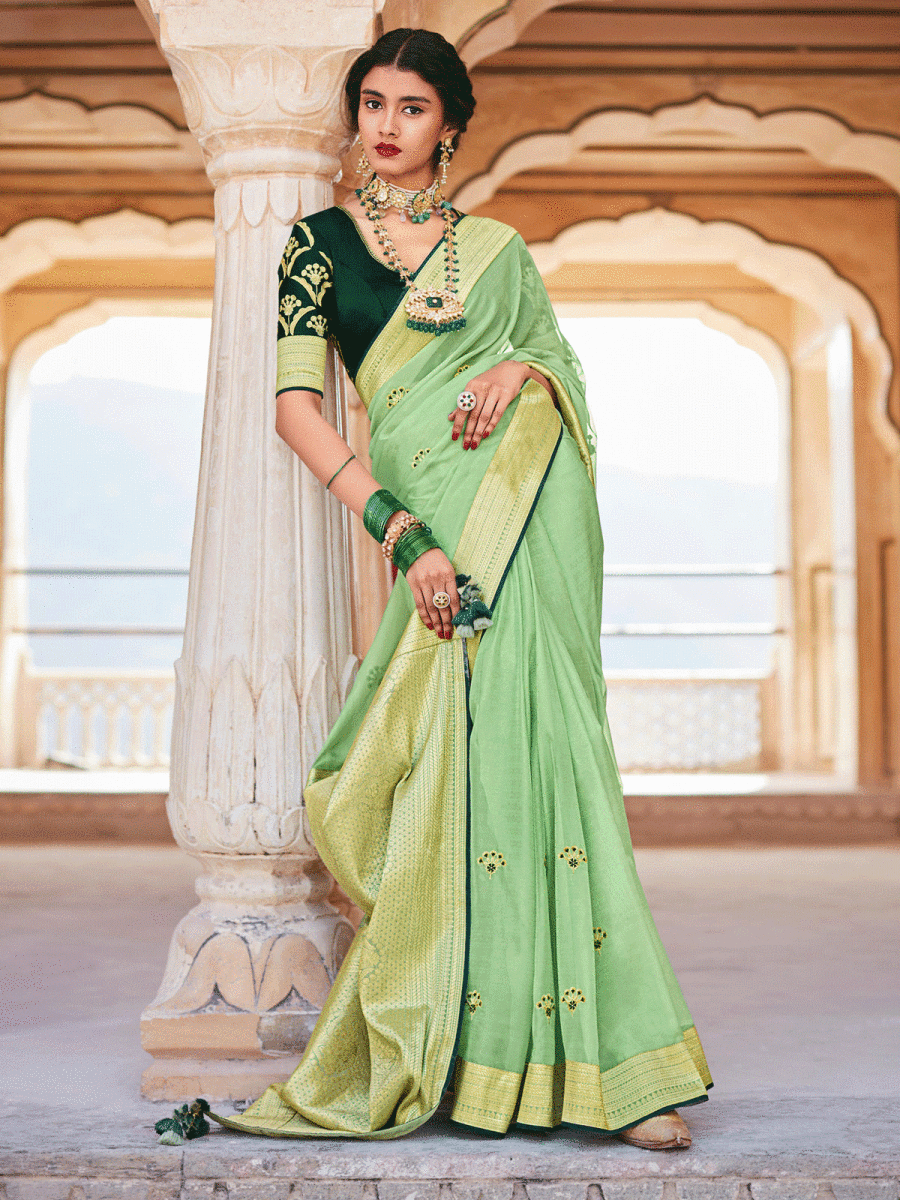 Sea Green Silk Embellished Saree - Inddus.com