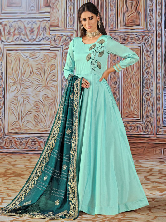 Sea Green Silk Partywear Gown - Inddus.com