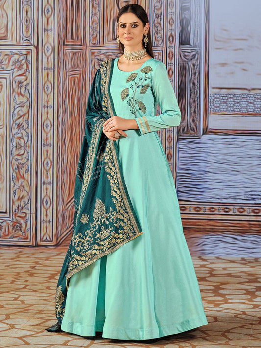 Sea Green Silk Partywear Gown - Inddus.com