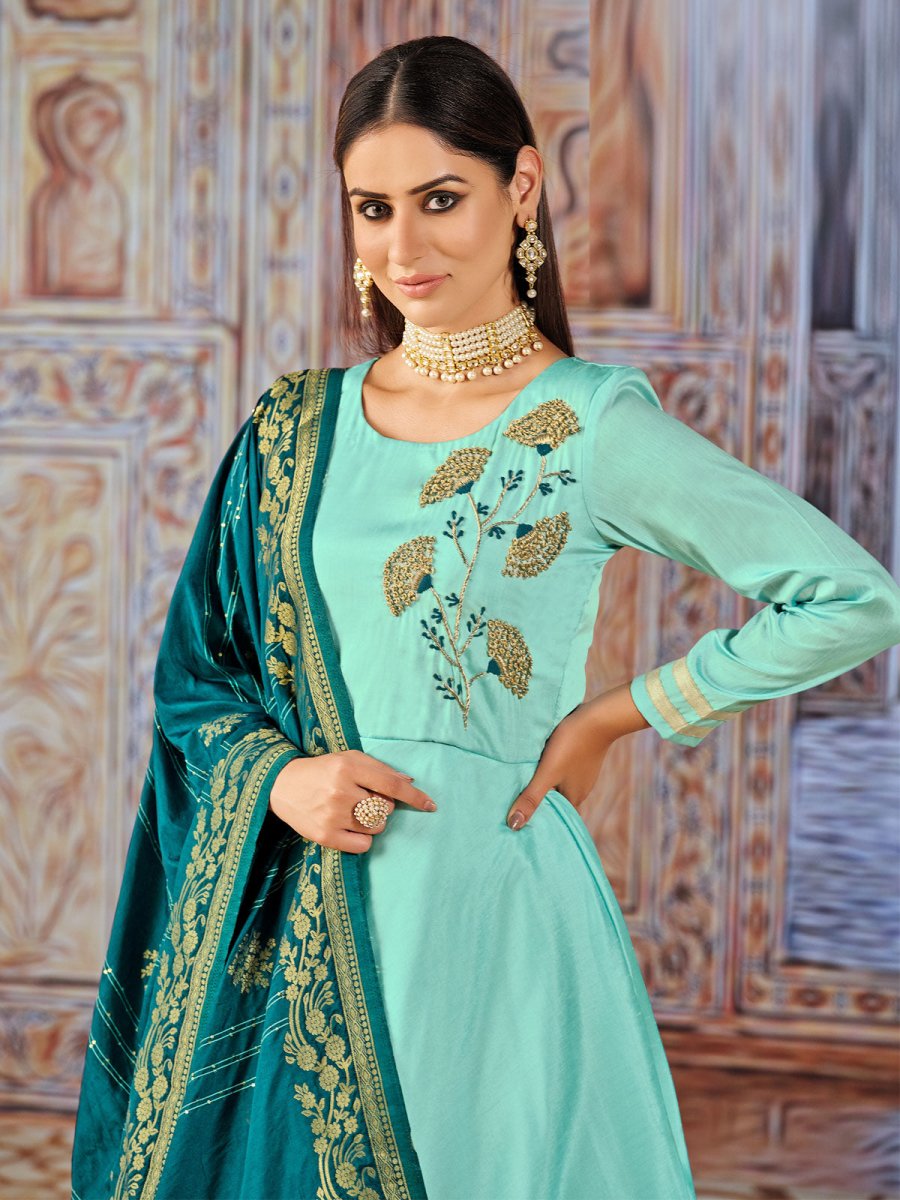 Sea Green Silk Partywear Gown - Inddus.com