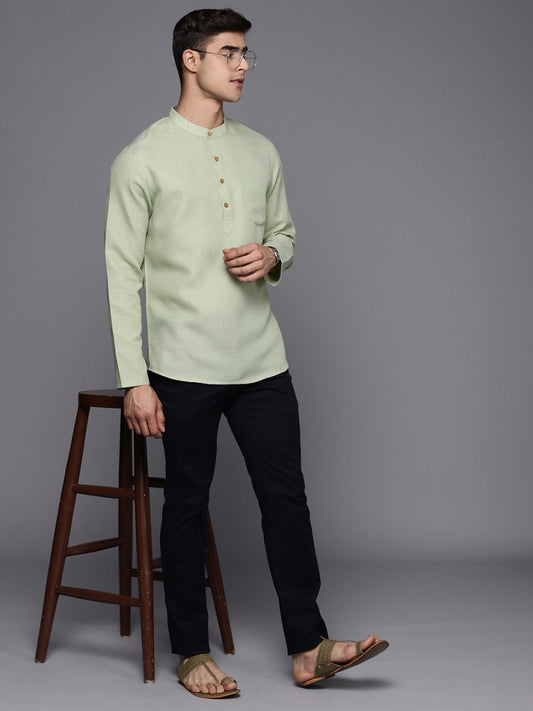 Sea Green Solid Linen Blend Kurta - Inddus.com