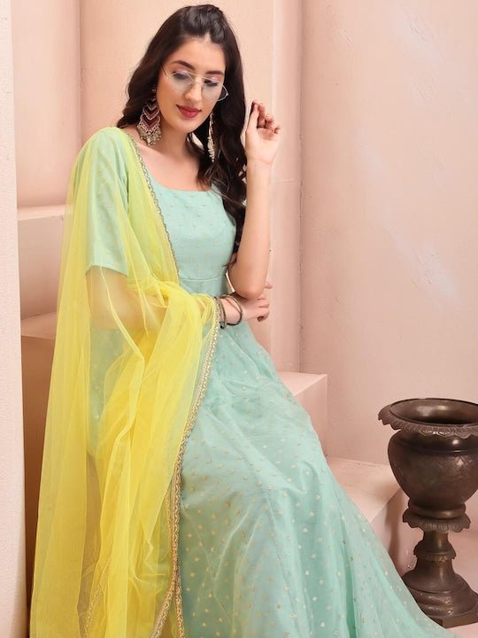 Sea Green & Yellow Colour Woven Design Square Neck Anarkali Kurta With Dupatta - Inddus.com