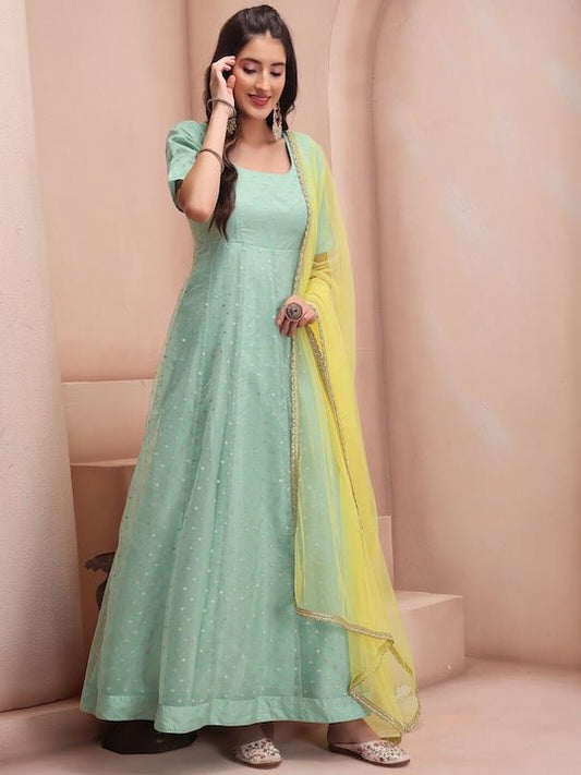 Sea Green & Yellow Colour Woven Design Square Neck Anarkali Kurta With Dupatta - Inddus.com