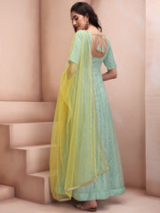 Sea Green & Yellow Colour Woven Design Square Neck Anarkali Kurta With Dupatta - Inddus.com