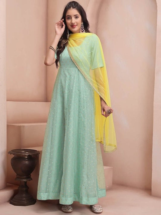 Sea Green & Yellow Colour Woven Design Square Neck Anarkali Kurta With Dupatta - Inddus.com