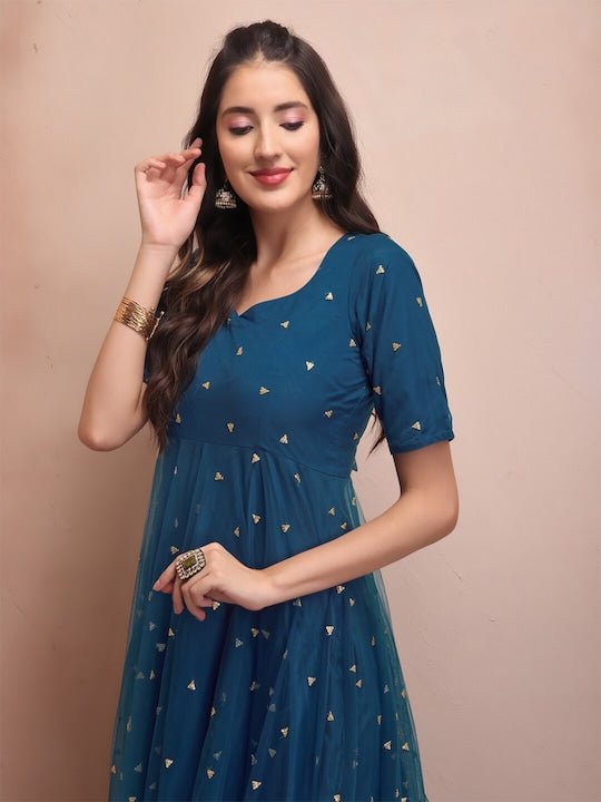 Sequin Embellished Fit & Flare Ethnic Dress With Dupatta - Inddus.com