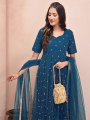 Sequin Embellished Fit & Flare Ethnic Dress With Dupatta - Inddus.com