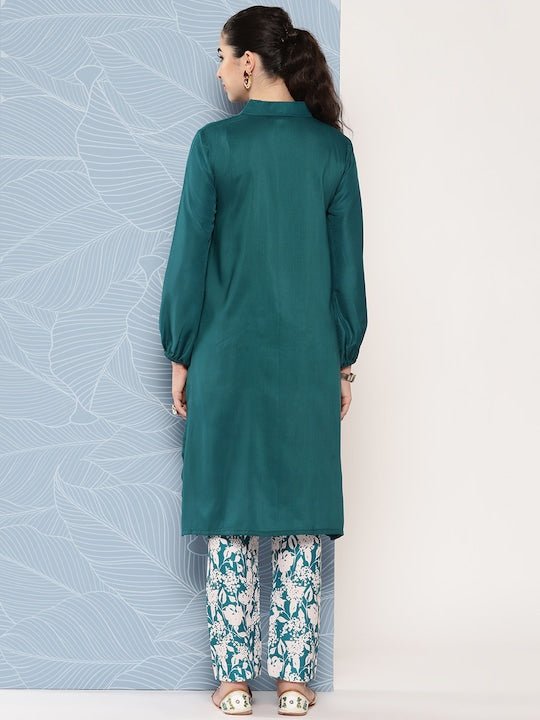 Shirt Collar Puff Sleeves Kurta With Trousers - Inddus.com