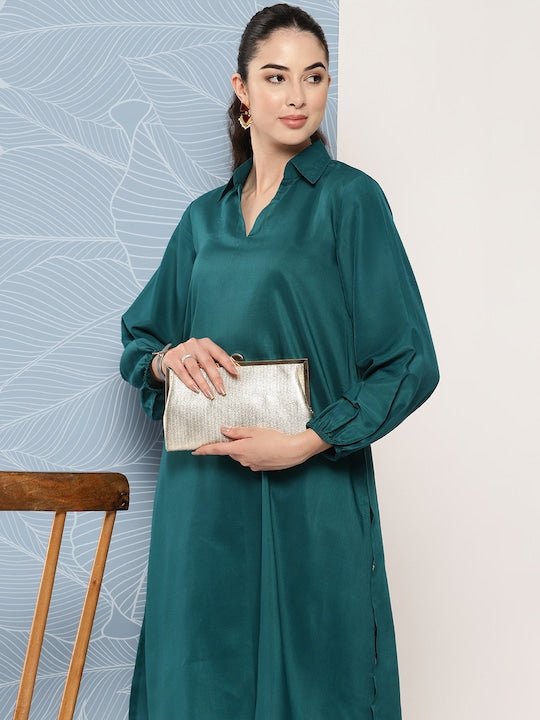 Shirt Collar Puff Sleeves Kurta With Trousers - Inddus.com