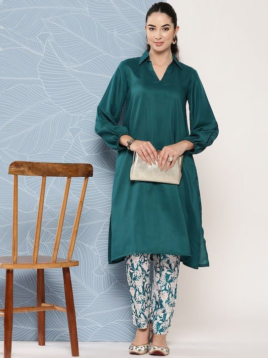 Shirt Collar Puff Sleeves Kurta With Trousers - Inddus.com