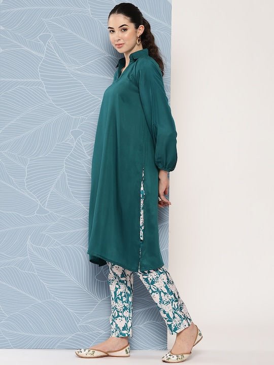 Shirt Collar Puff Sleeves Kurta With Trousers - Inddus.com