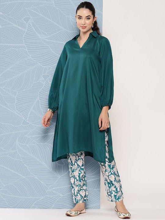 Shirt Collar Puff Sleeves Kurta With Trousers - Inddus.com