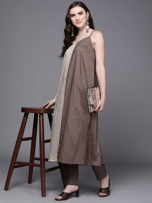 Shoulder Straps Colourblocked A-Line Kurta with Trousers - Inddus.com