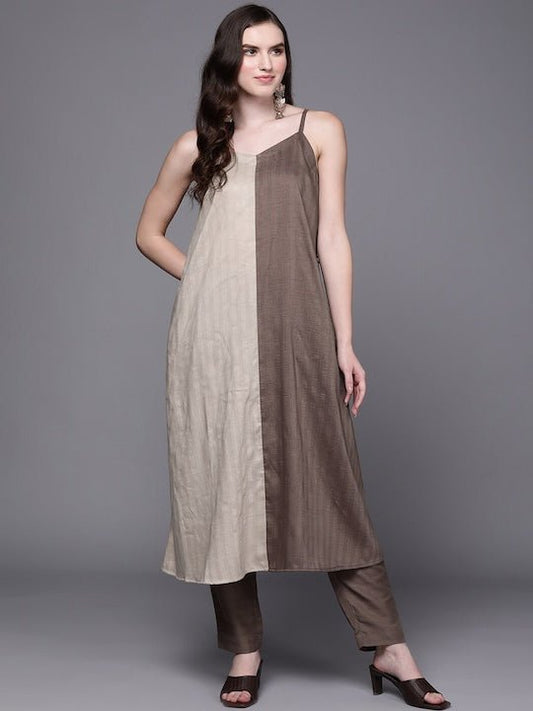 Shoulder Straps Colourblocked A-Line Kurta with Trousers - Inddus.com