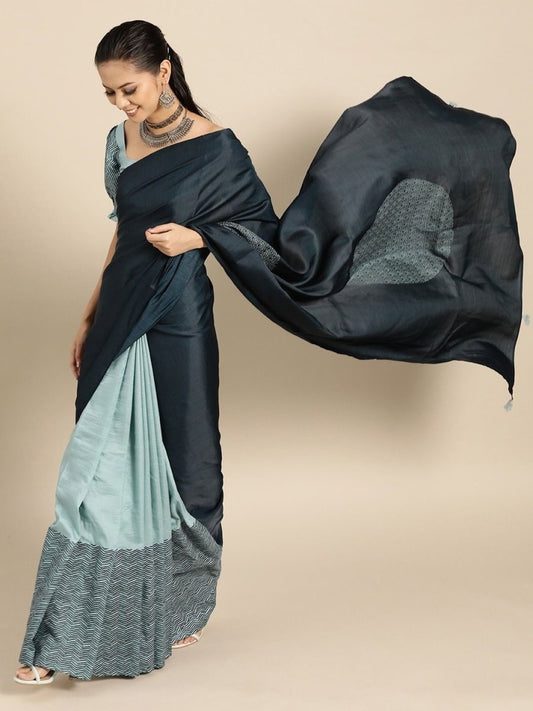 Silk Blend Green Half n Half Saree - inddus-us