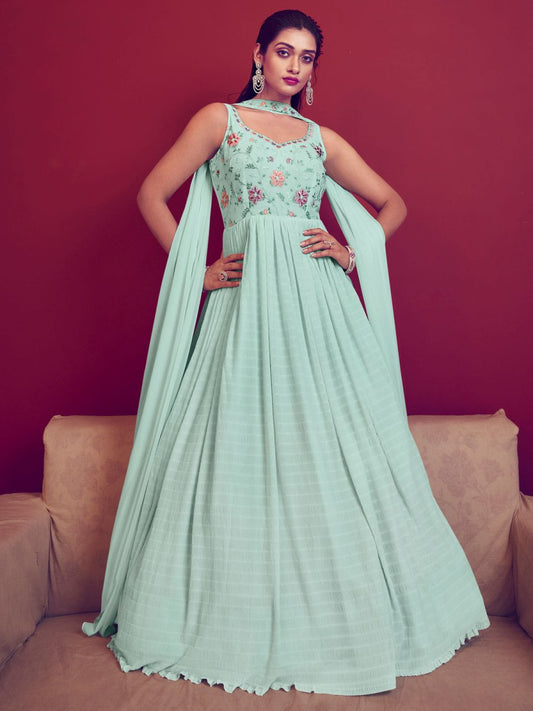 Sky Blue Georgette Partywear Gown - Inddus.com