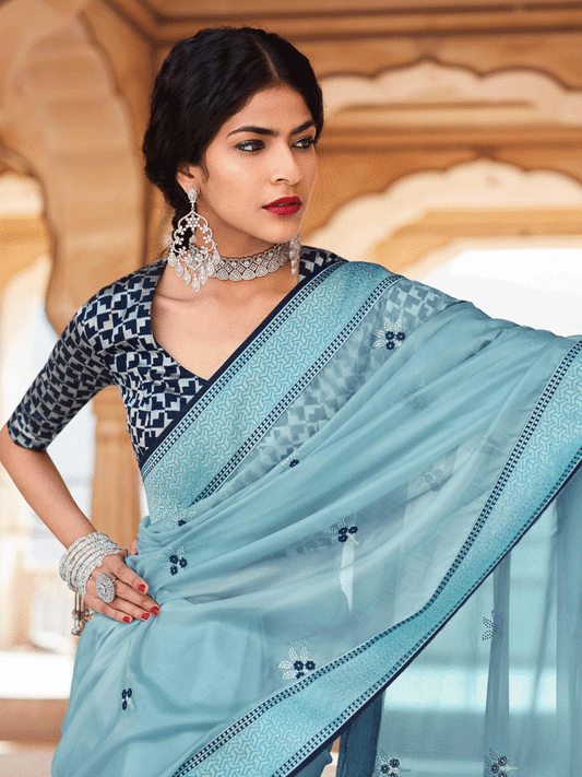 Sky Blue Silk Embellished Saree - Inddus.com