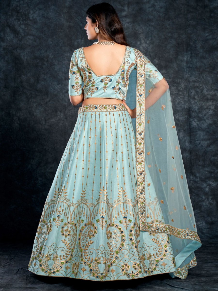 Sky Blue Silk Embroidered Lehenga Choli - Inddus.com