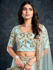 Sky Blue Silk Embroidered Lehenga Choli - Inddus.com