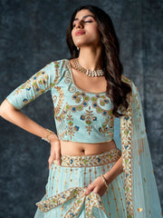 Sky Blue Silk Embroidered Lehenga Choli - Inddus.com