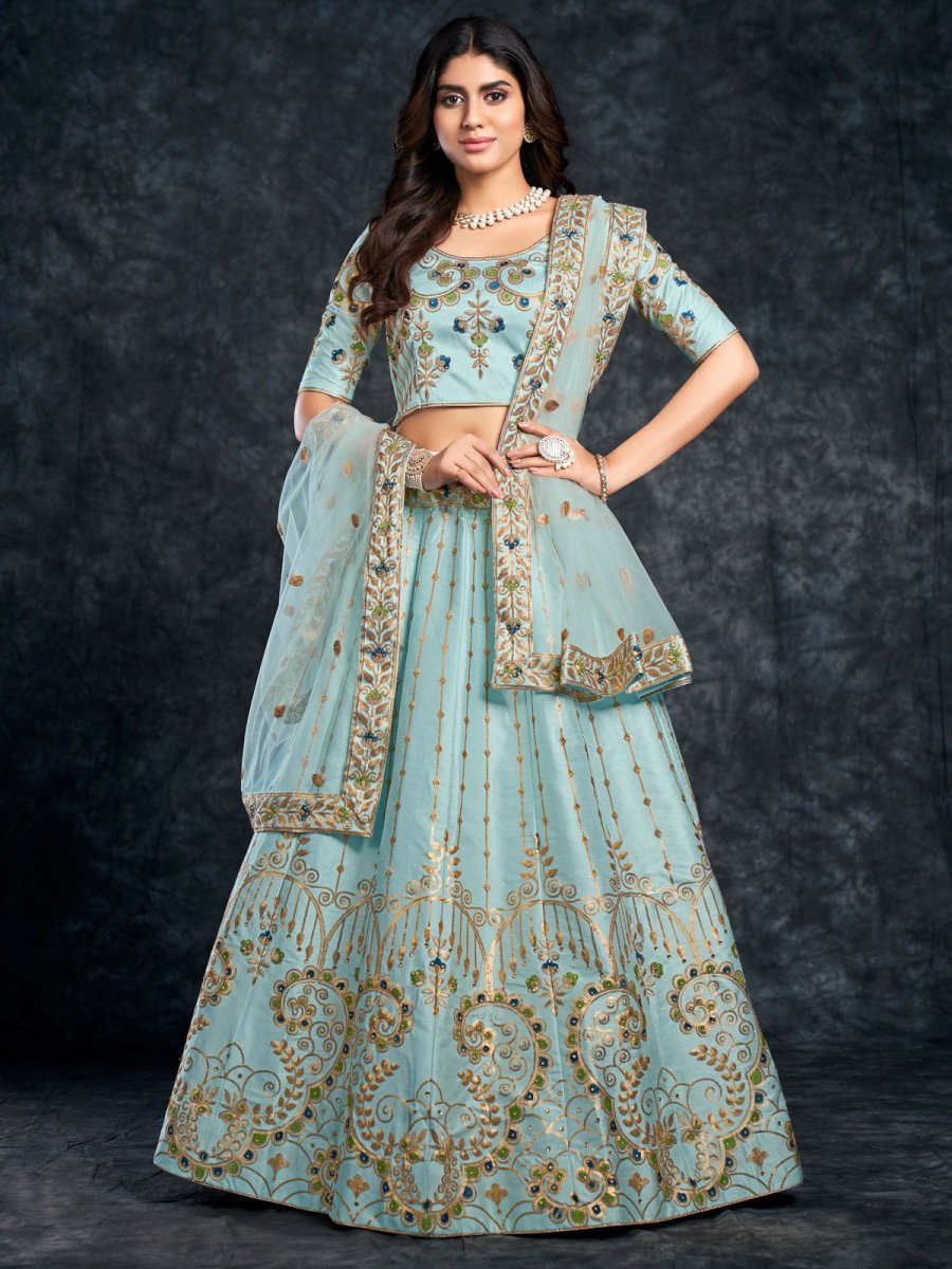 Sky Blue Silk Embroidered Lehenga Choli - Inddus.com