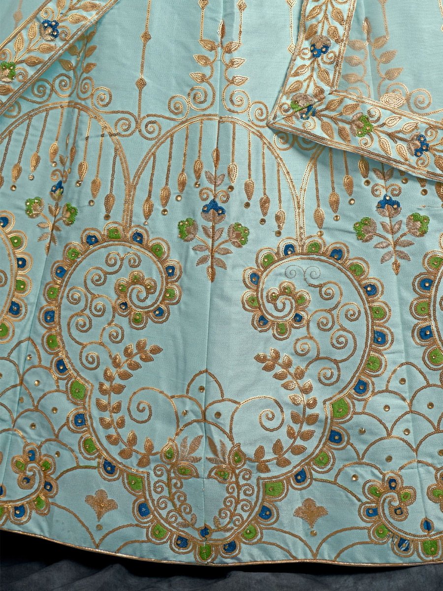 Sky Blue Silk Embroidered Lehenga Choli - Inddus.com