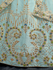 Sky Blue Silk Embroidered Lehenga Choli - Inddus.com