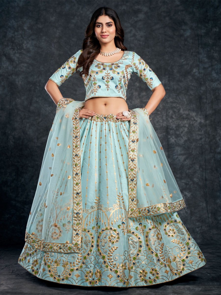 Sky Blue Silk Embroidered Lehenga Choli - Inddus.com