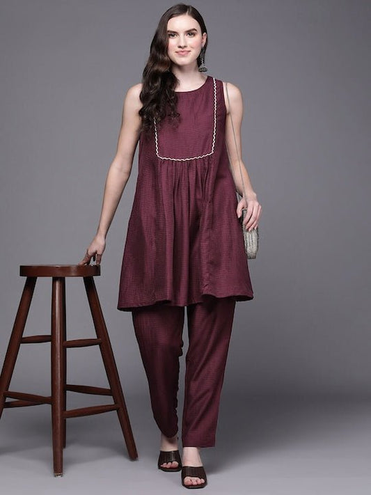 Sleeveless Pleated A-Line Kurta with Trousers - Inddus.com