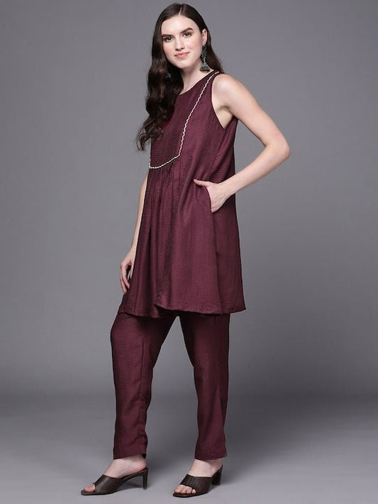 Sleeveless Pleated A-Line Kurta with Trousers - Inddus.com