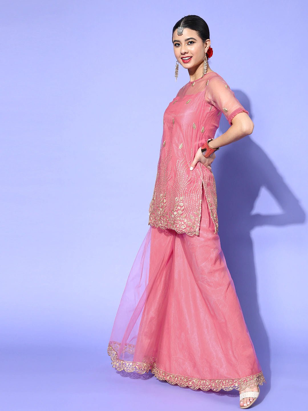 Solid Net Scalloped Edge Kurta Set - Inddus.com