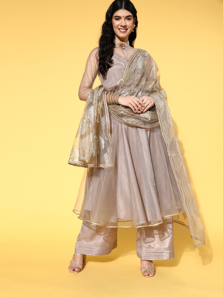 Solid Net Scalloped Edge Kurta Set - Inddus.com