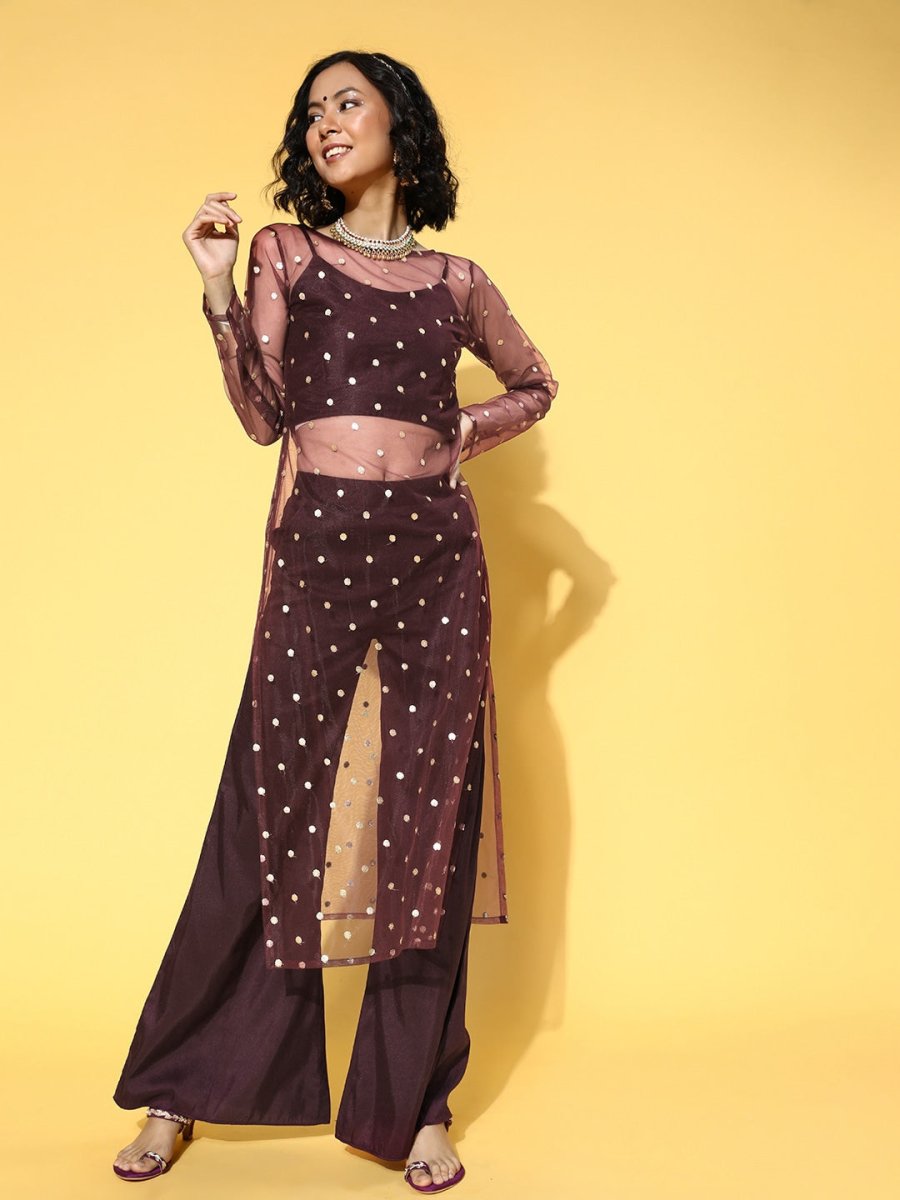 Solid Net Sheer Kurta Set - Inddus.com