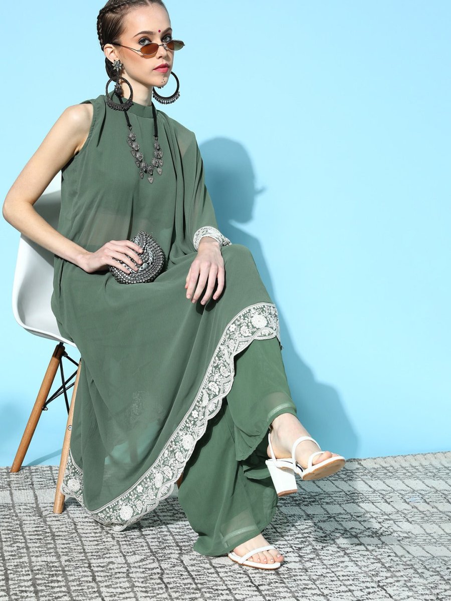 Solid Poly-Georgette Scalloped Edge Kurta Set - Inddus.com