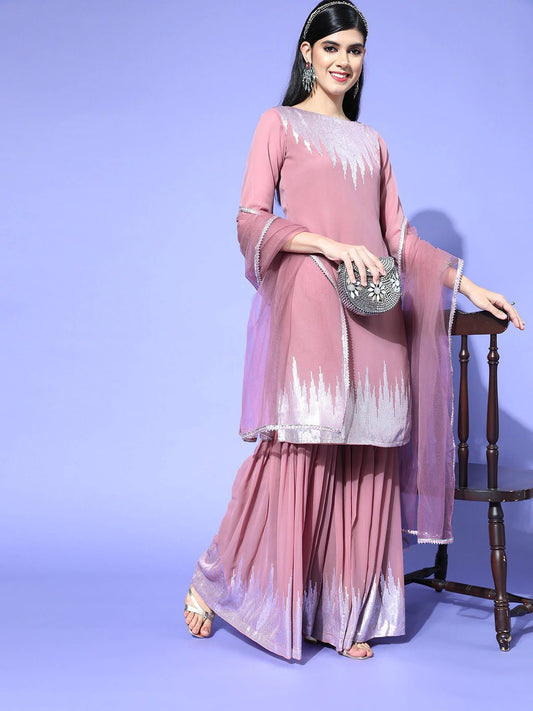 Solid Poly-Georgette Scalloped Edge Kurta Set - Inddus.com