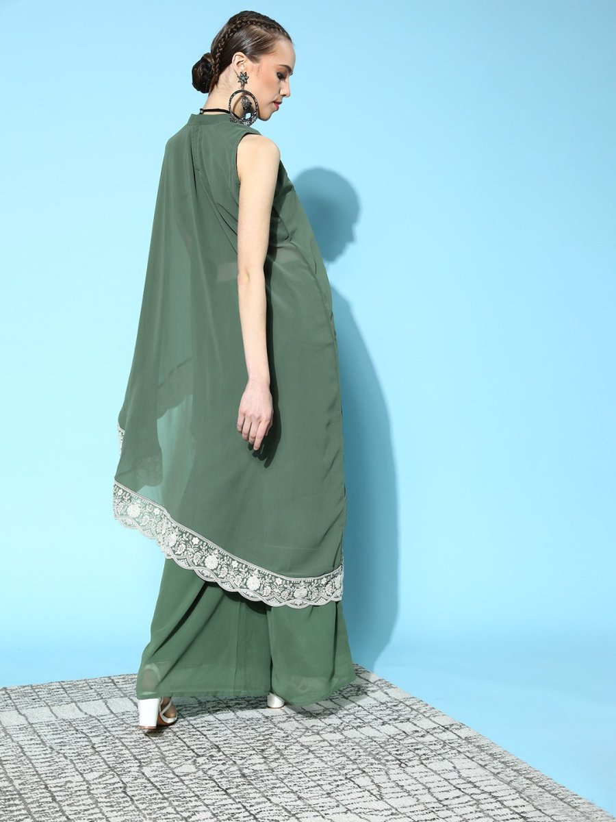 Solid Poly-Georgette Scalloped Edge Kurta Set - Inddus.com