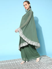 Solid Poly-Georgette Scalloped Edge Kurta Set - Inddus.com