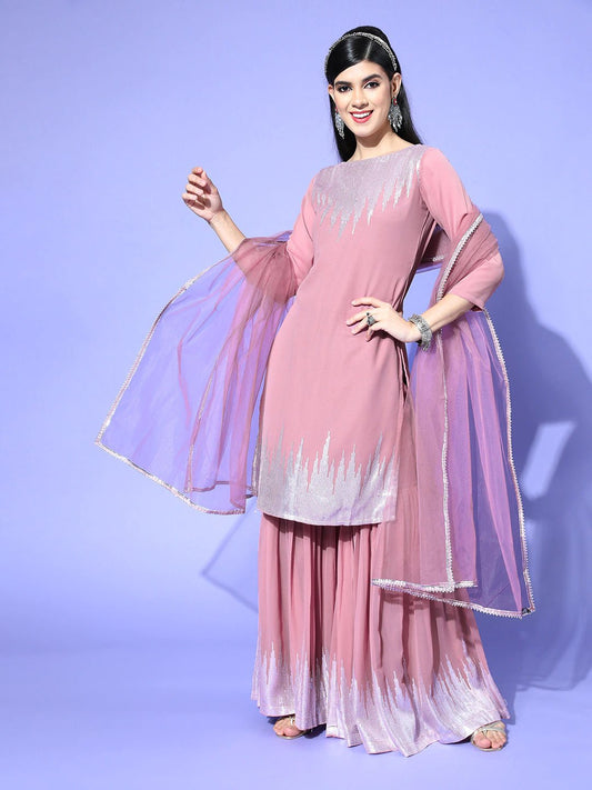 Solid Poly-Georgette Scalloped Edge Kurta Set - Inddus.com