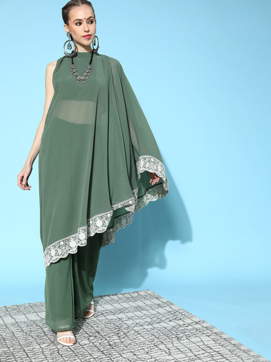 Solid Poly-Georgette Scalloped Edge Kurta Set - Inddus.com