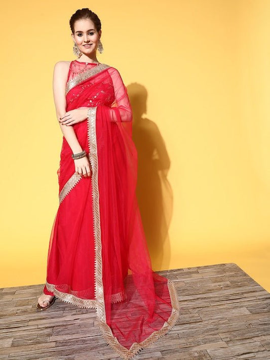 Solid Saree with Embroidered border - Inddus.com